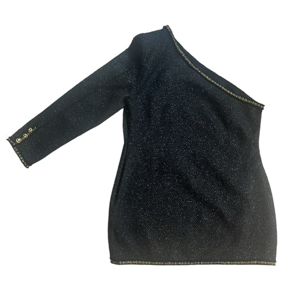ZARA Black Tweed Gold Accent One-Shoulder Mini Dress Sz XXL - Picture 8 of 10